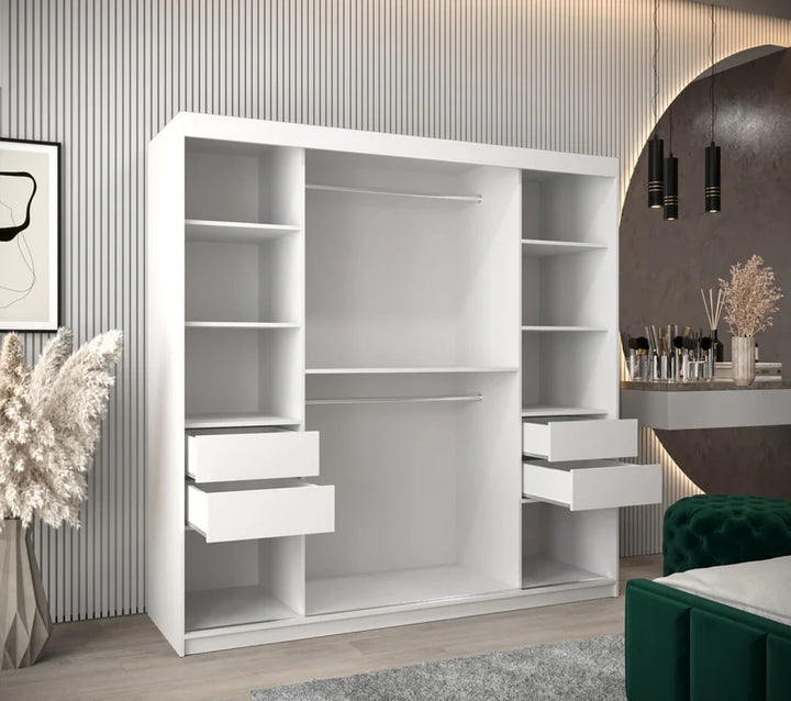 Tokyo 03 Contemporary Mirrored 2 Sliding Door Wardrobe 9 Shelves 2 Rails White Matt 200cm