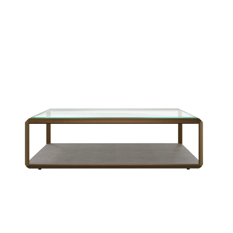 Coffee table with glass top and wooden shelf on a white background
