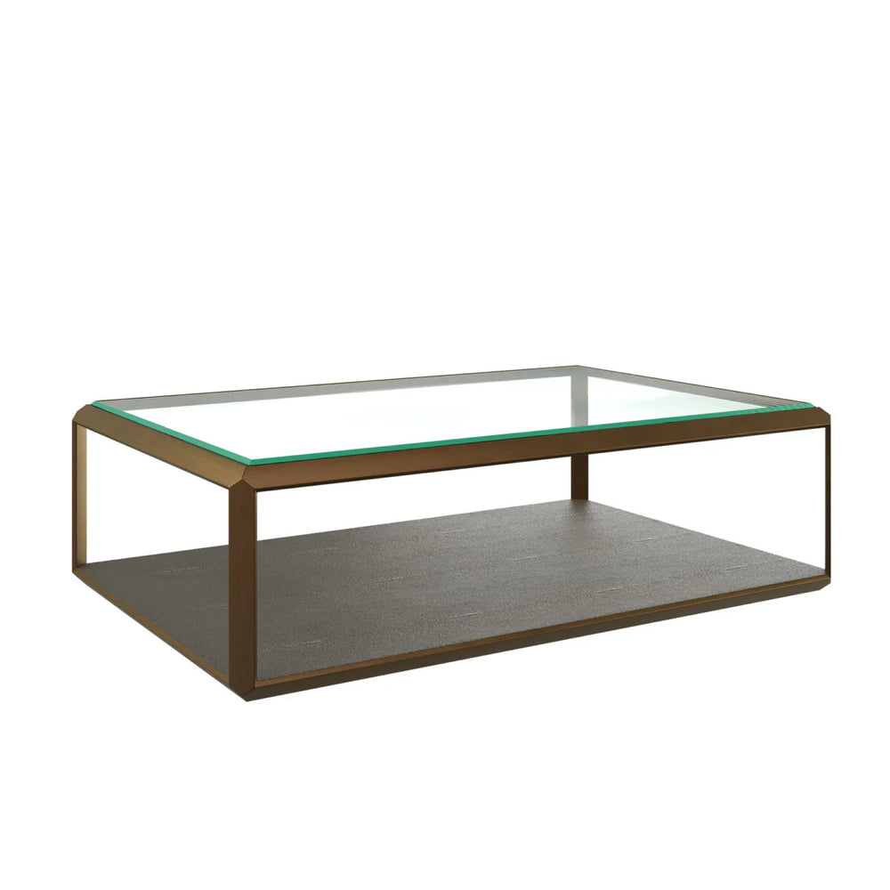Coffee table with glass top and wooden frame on a white background