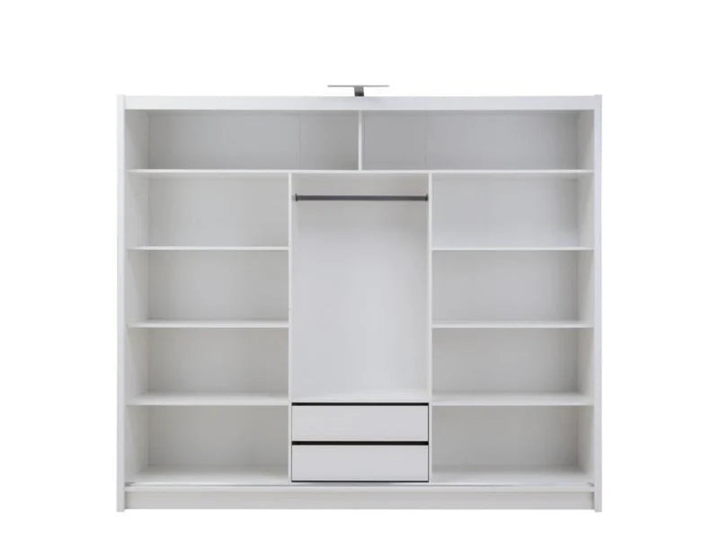 Havana Contemporary Mirrored Sliding 3 Door Wardrobe 10 Shelves 1 Rail 2 Drawers White