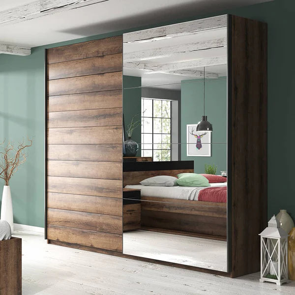 Beta Sliding Door Mirrored Wardrobe in Oak Monastery - Spacious Wardrobe with Shelves and Hanging Rail