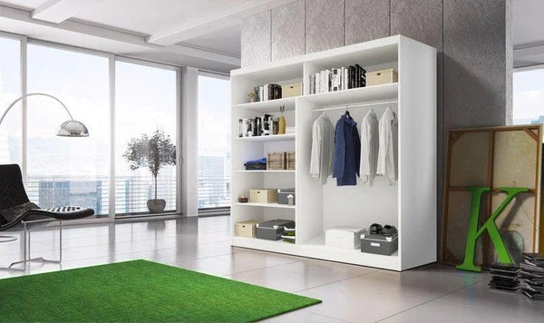 Elegant White Matt Multi Sliding Door Wardrobe - Kathult Oak & White Gloss Front