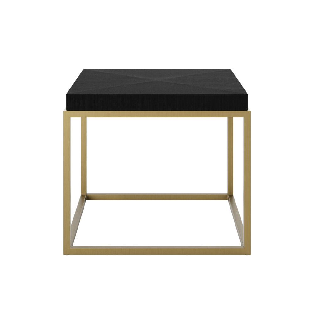 Small side table with black top and gold frame on a white background