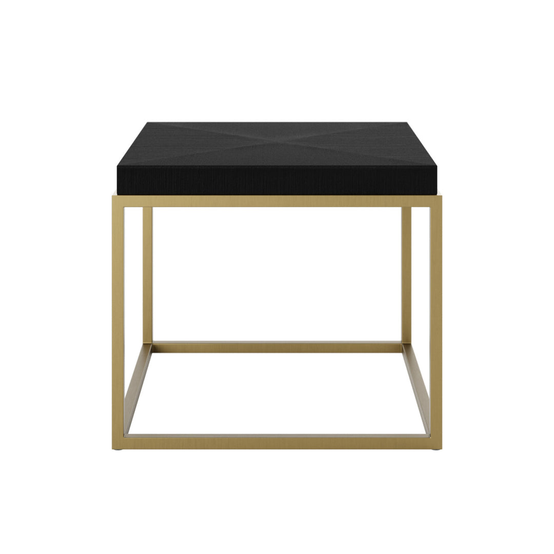 Small side table with black top and gold frame on a white background