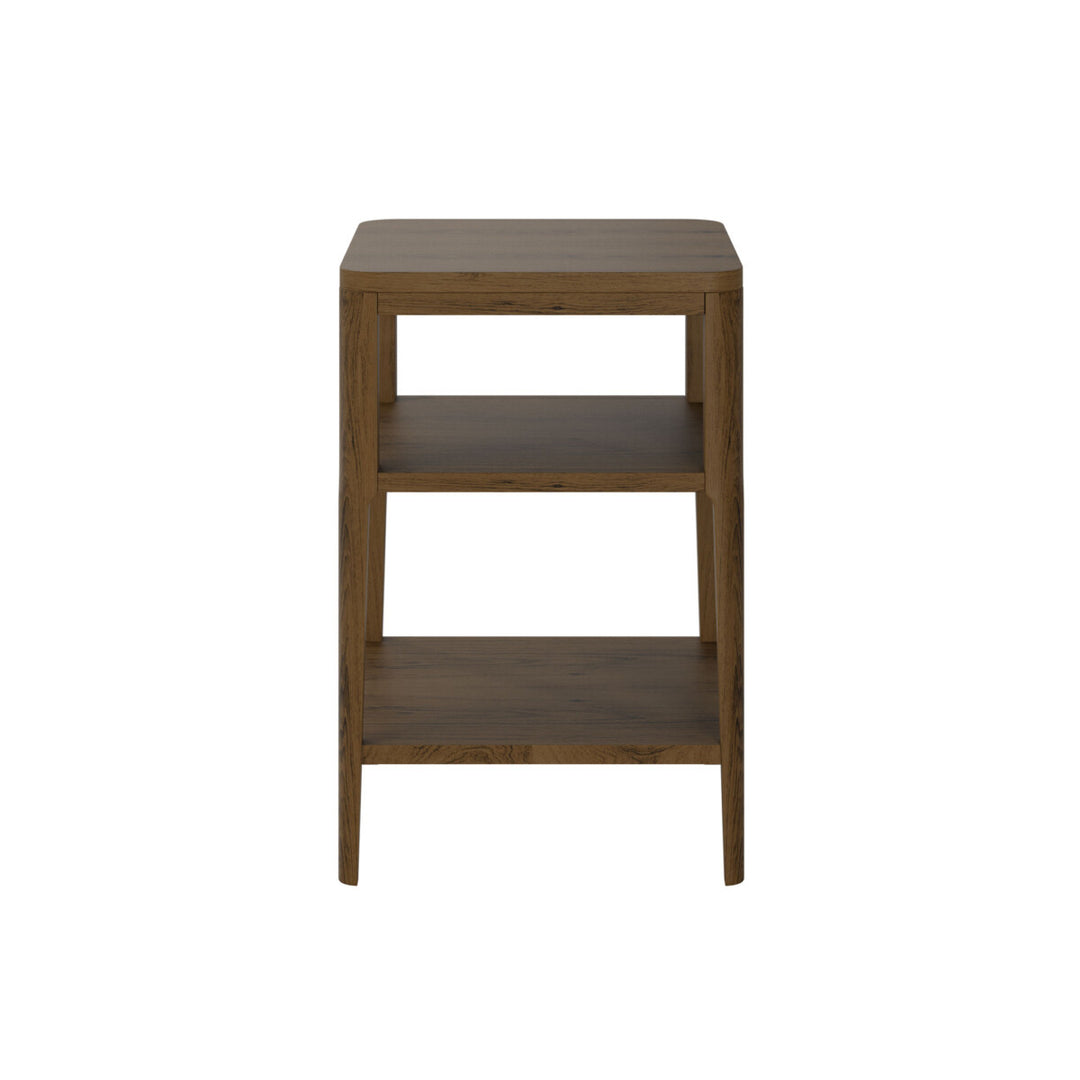 Wooden side table with two shelves on a white background