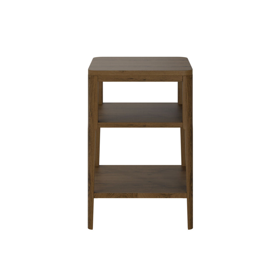 Wooden side table with two shelves on a white background