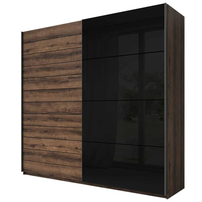 Elegant Galaxy Sliding Wardrobe - Contemporary Monastery Oak with Black Gloss