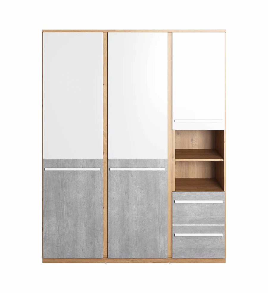 Plano Modern Wardrobe with Shelves and Drawers in Grey, White & Oak