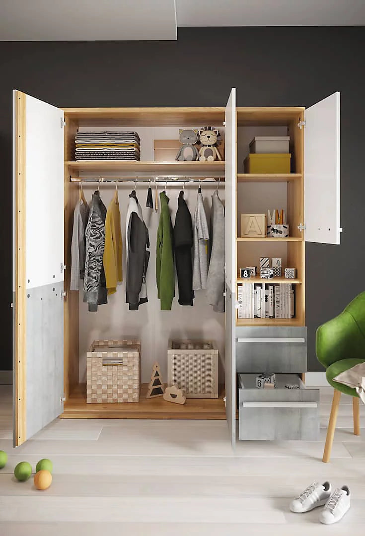 Plano Modern Wardrobe with Shelves and Drawers in Grey, White & Oak