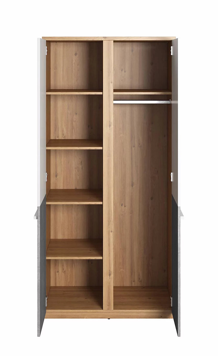 Plano PN-02 Stylish Wardrobe with Shelves in White Matt & Concrete