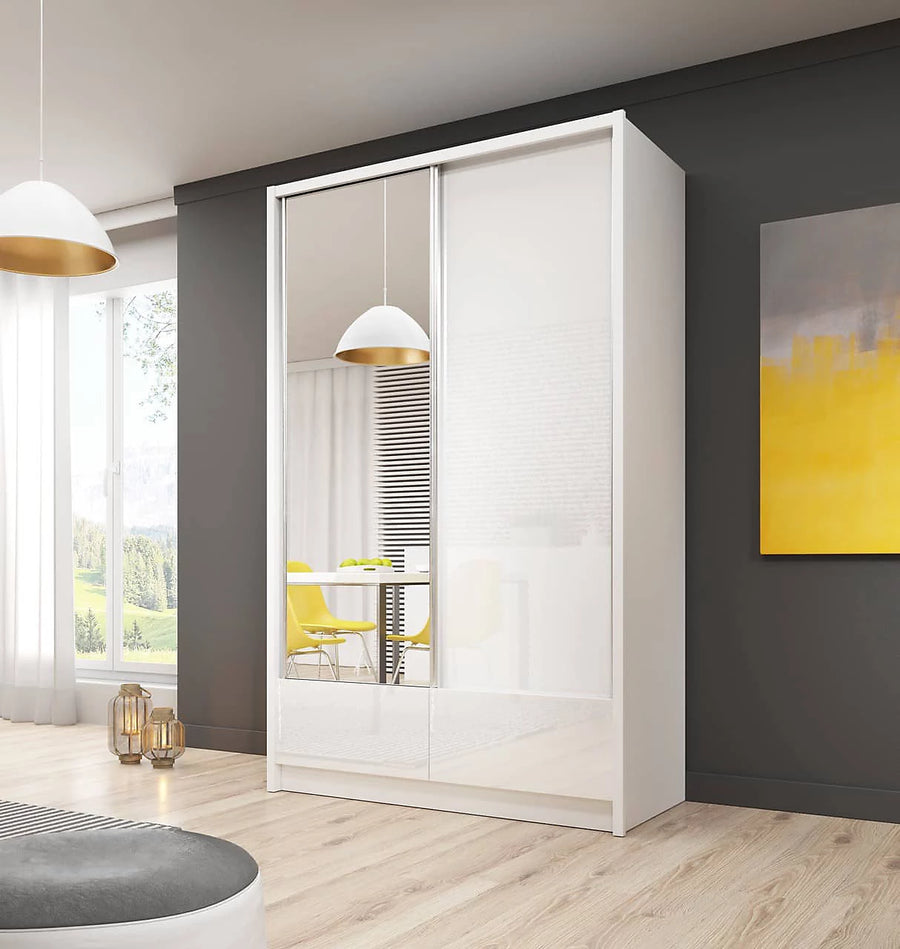 Aria I Mirrored Sliding Two Door Wardrobe 154cm in White Gloss