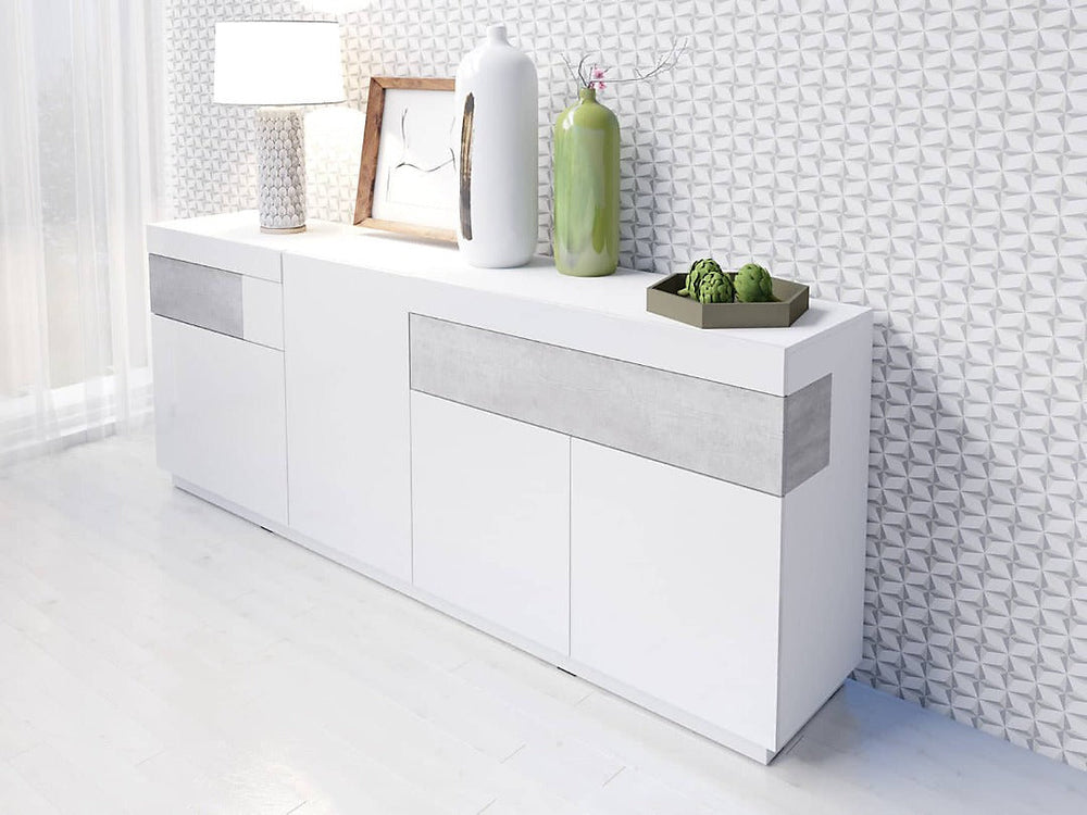 Silke 25 Modern Sideboard Cabinet 219cm - White Gloss & Concrete Grey