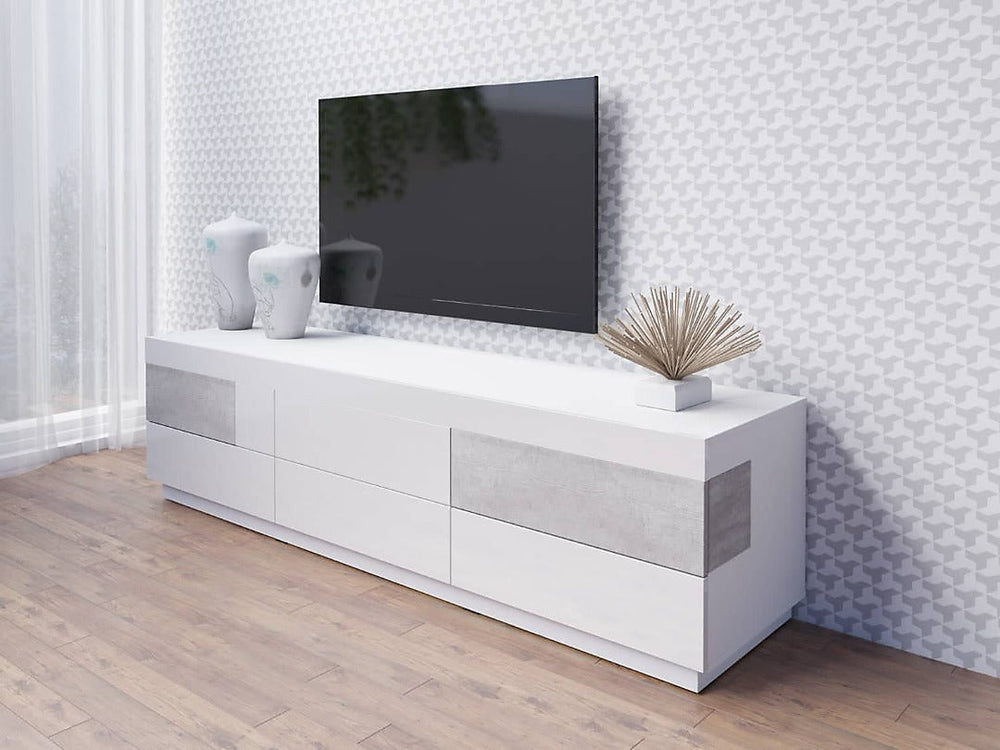 Silke 40 Modern TV Cabinet 206cm - White Gloss & Concrete Grey