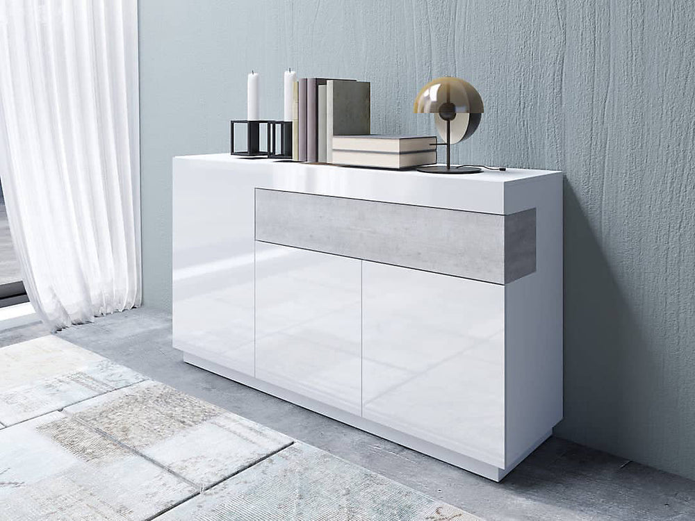 Silke 43 Stylish Sideboard Cabinet 150cm - Modern White Gloss & Concrete Grey Finish