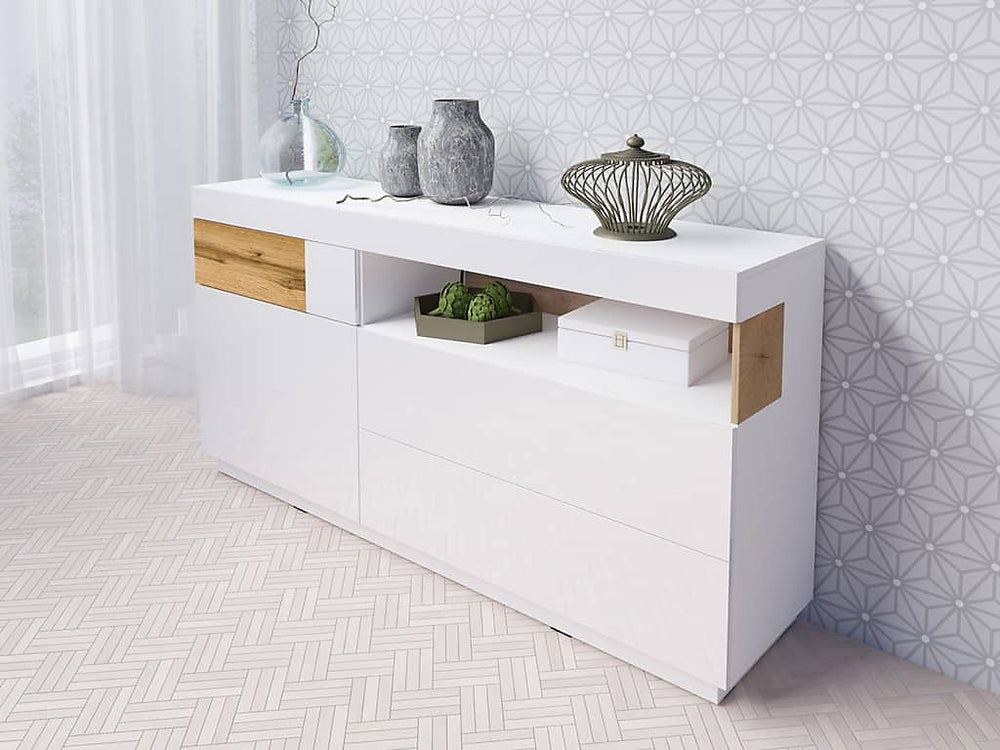 Silke 47 Contemporary Sideboard Cabinet 169cm - White Gloss & Wotan Oak