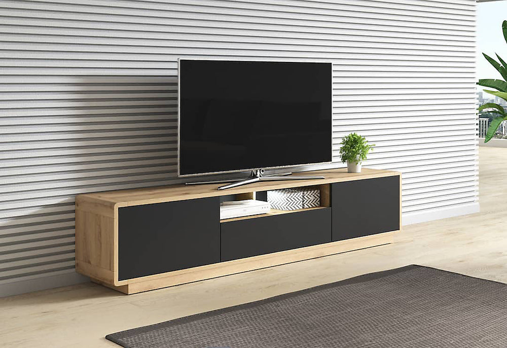 999 Aston 40 Striking TV Cabinet 200cm - Black Matt & Oak Torus