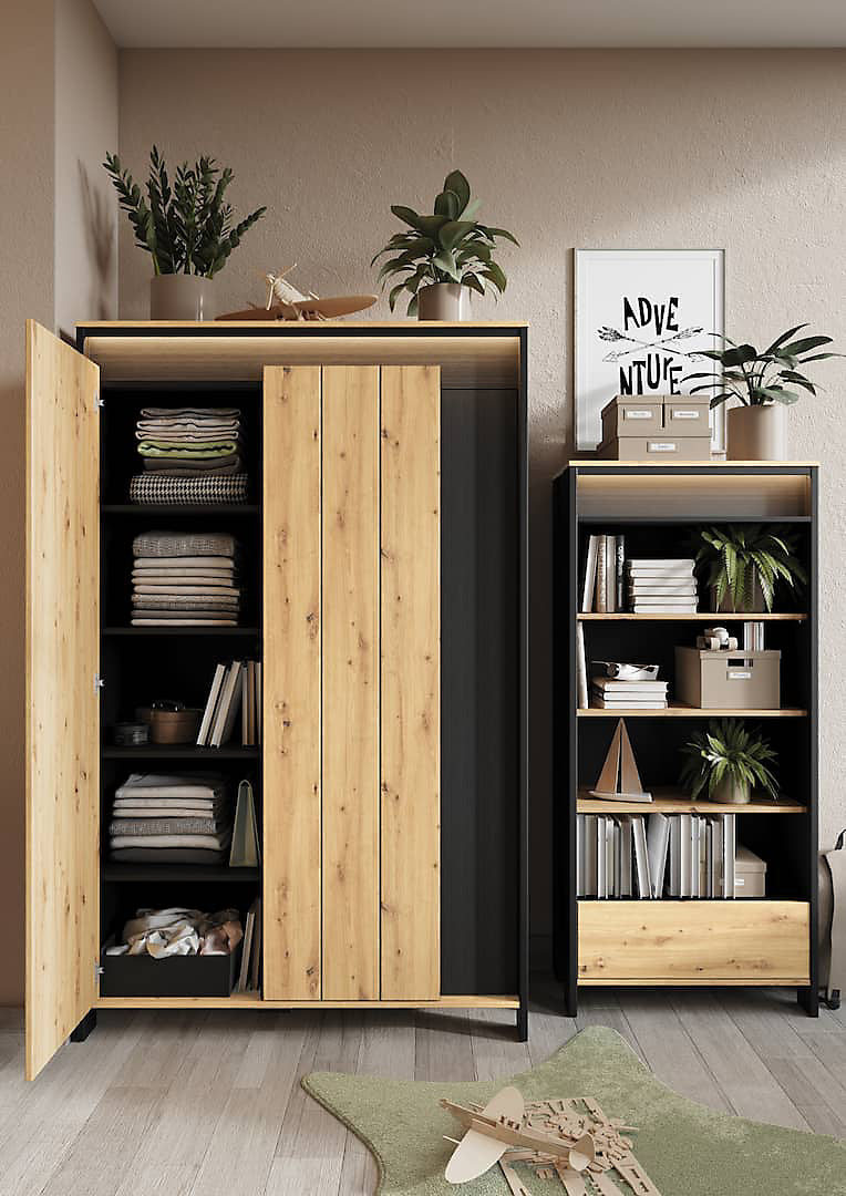 Spot Chic Hinged Wardrobe with LED Lighting - Oak Artisan and Black Matt