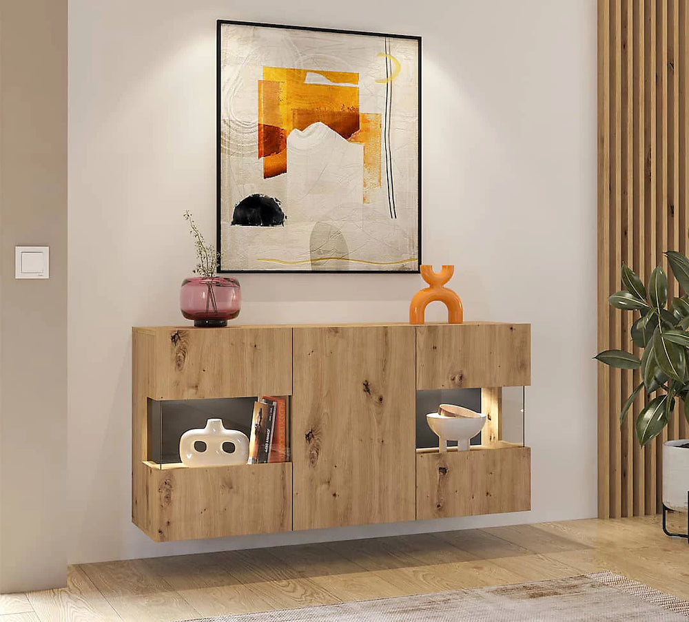 Ava 25 Oak Artisan Display Sideboard Cabinet - Modern Storage with Glass Highlights