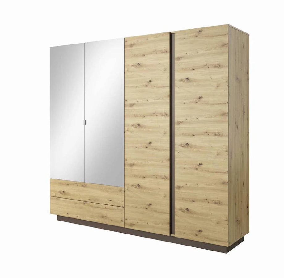 Arco Contemporary 4 Hinged Door Wardrobe 7 Shelves 2 Drawers 1 Rail Artisan Oak Effect