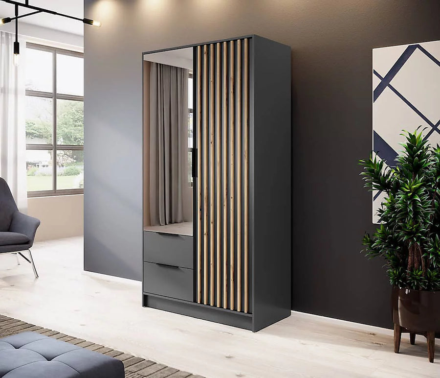 Nelly Contemporary Mirrored Hinged 2 Door Wardrobe Graphite 2 Drawers 4 Shelves 1 Rail Lamela Decor