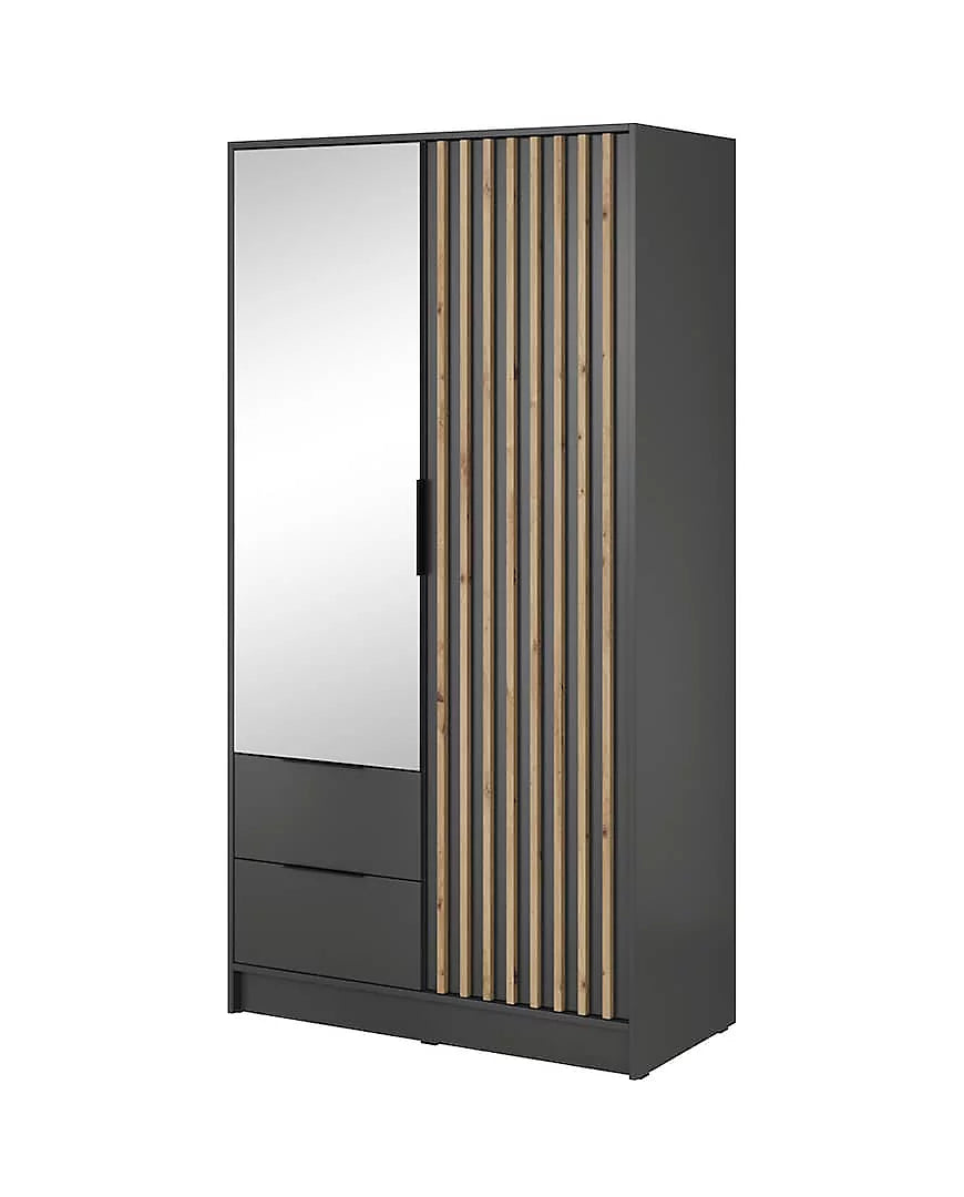 Nelly Contemporary Mirrored Hinged 2 Door Wardrobe Graphite 2 Drawers 4 Shelves 1 Rail Lamela Decor