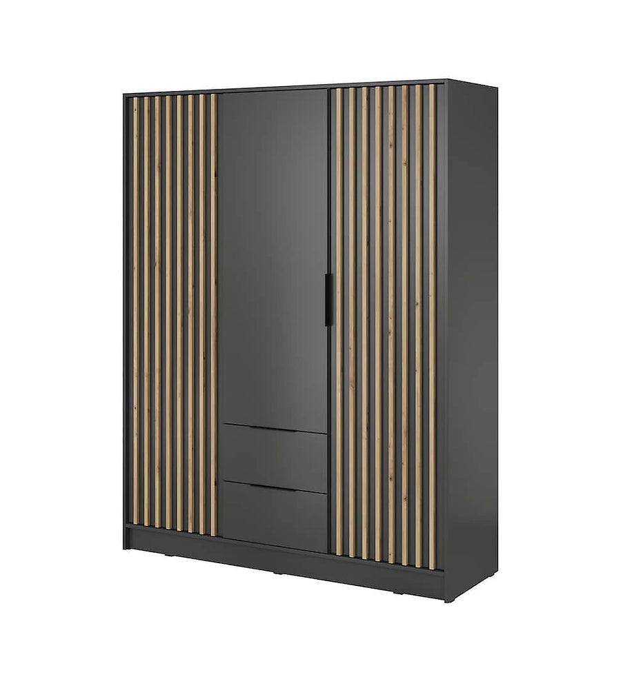 Nelly Contemporary Hinged 3 Door Wardrobe Graphite 2 Drawers 8 Shelves 1 Hanging Rail Lamela Decor