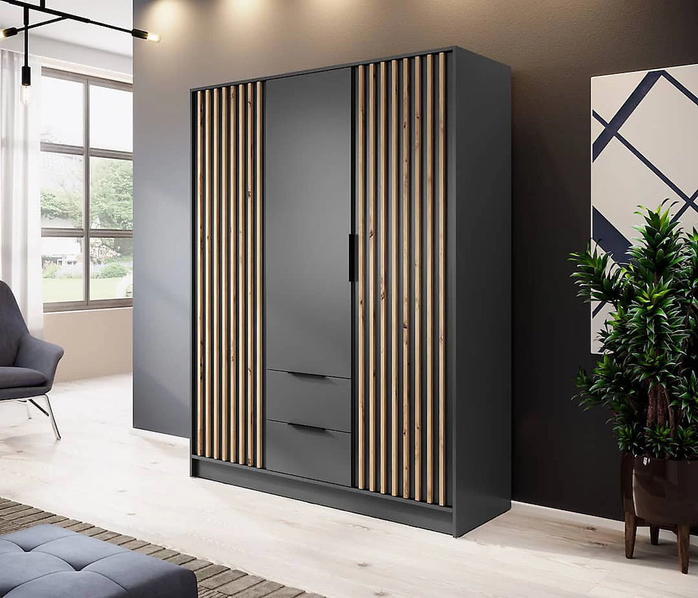 Nelly Contemporary Hinged 3 Door Wardrobe Graphite 2 Drawers 8 Shelves 1 Hanging Rail Lamela Decor