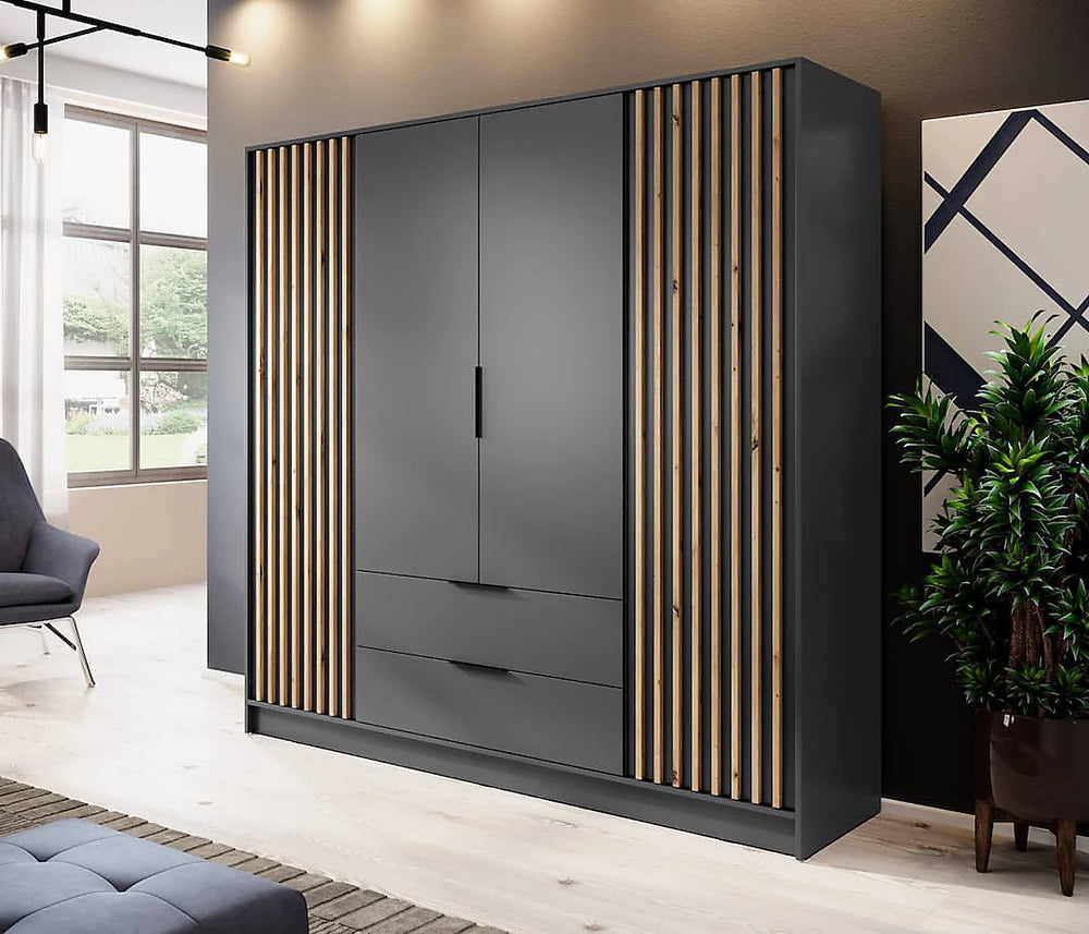 Nelly Contemporary Hinged 4 Door Wardrobe Graphite 2 Drawers 8 Shelves 1 Hanging Rail Lamela Decor