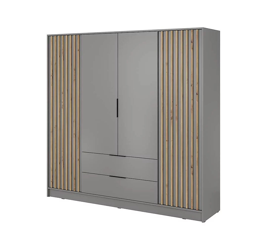 Nelly Contemporary Hinged 4 Door Wardrobe Grey 2 Drawers 8 Shelves 1 Hanging Rail Lamela Decor