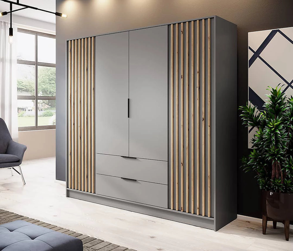 Nelly Contemporary Hinged 4 Door Wardrobe Grey 2 Drawers 8 Shelves 1 Hanging Rail Lamela Decor