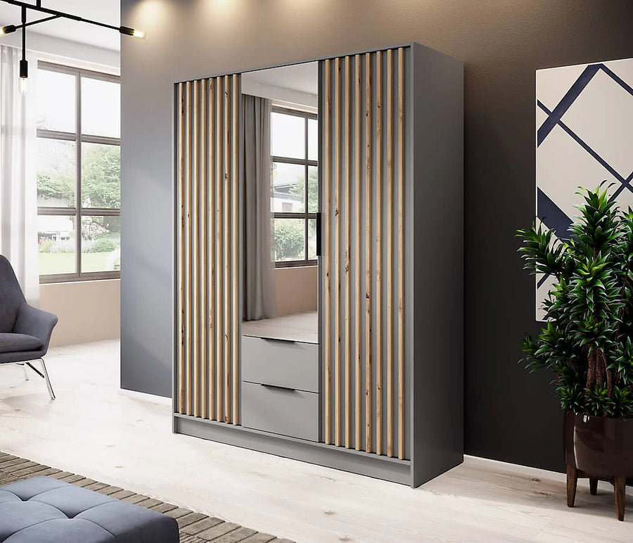 Nelly Contemporary Mirrored Hinged 3 Door Wardrobe Grey 2 Drawers 8 Shelves 1 Rail Lamela Decor