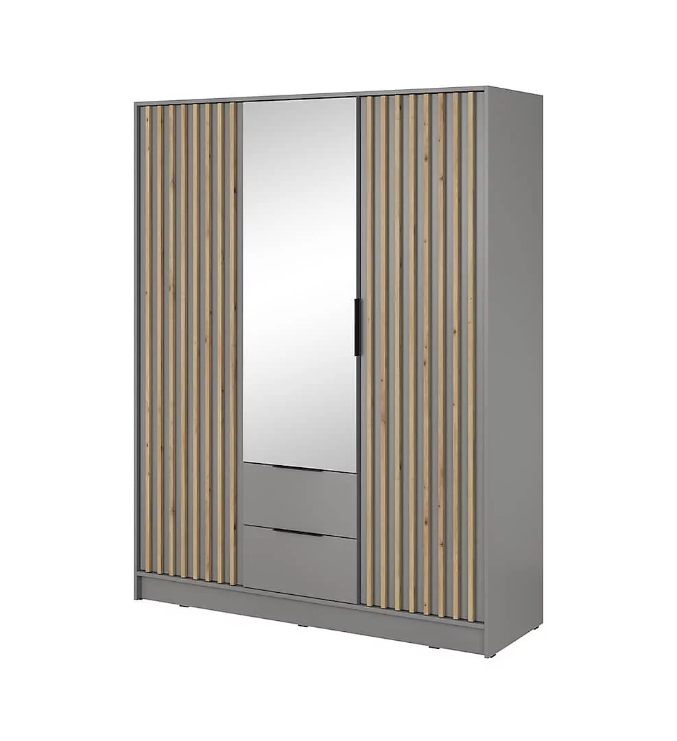 Nelly Contemporary Mirrored Hinged 3 Door Wardrobe Grey 2 Drawers 8 Shelves 1 Rail Lamela Decor