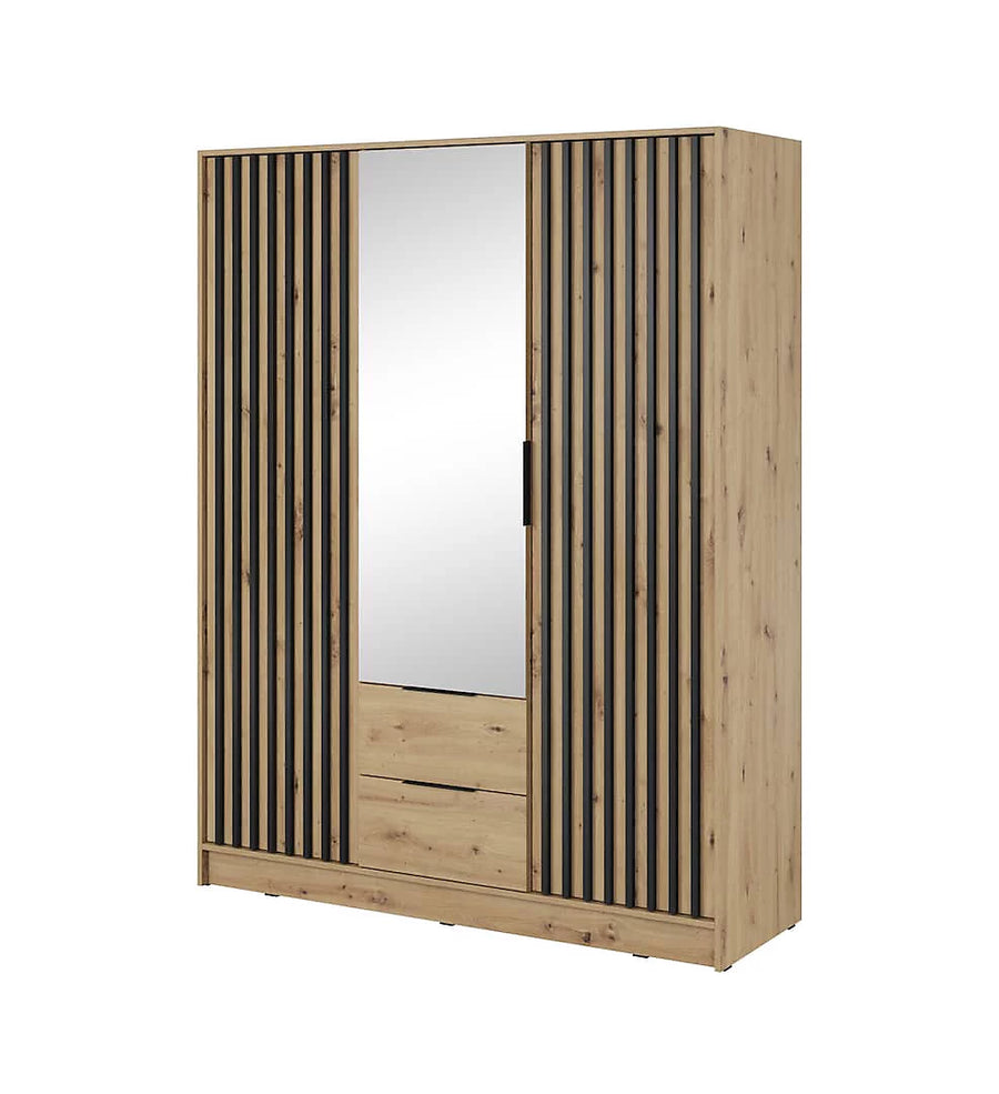 Nelly Contemporary Mirrored Hinged 3 Door Wardrobe Oak Effect 2 Drawers 8 Shelves 1 Rail Lamela Decor