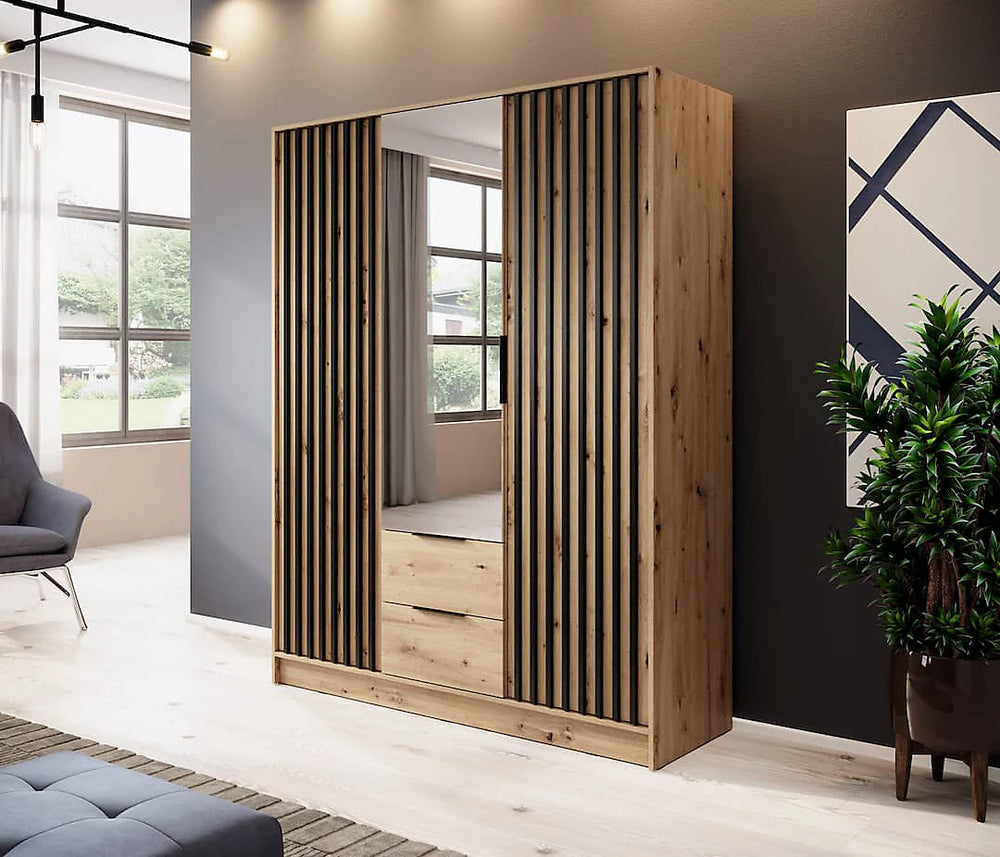 Nelly Contemporary Mirrored Hinged 3 Door Wardrobe Oak Effect 2 Drawers 8 Shelves 1 Rail Lamela Decor