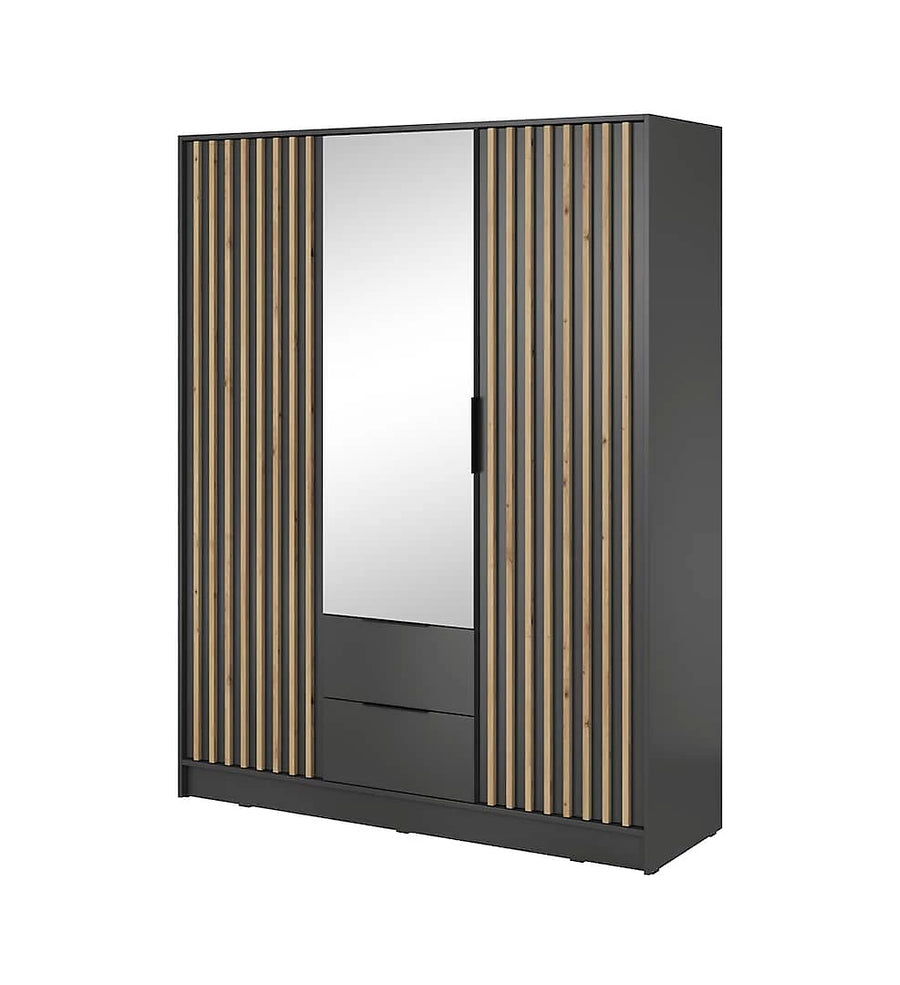 Nelly Contemporary Mirrored Hinged 3 Door Wardrobe Graphite 2 Drawers 8 Shelves 1 Rail Lamela Decor