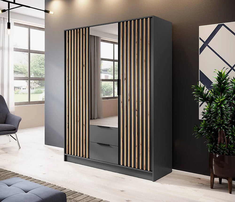 Nelly Contemporary Mirrored Hinged 3 Door Wardrobe Graphite 2 Drawers 8 Shelves 1 Rail Lamela Decor