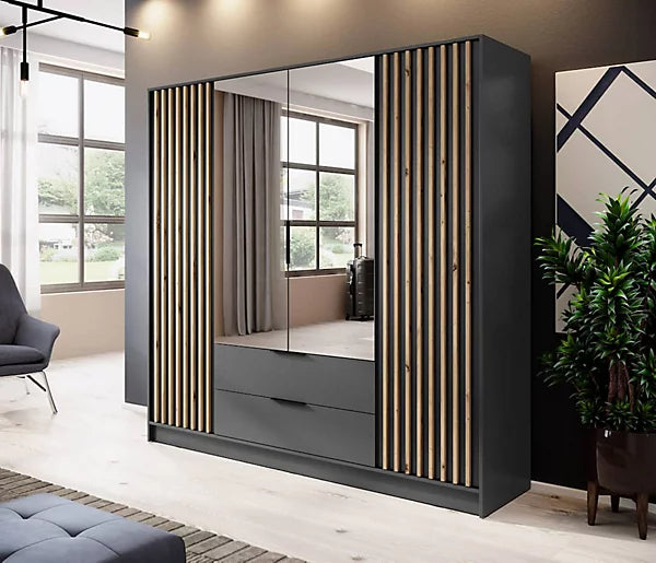 Nelly Contemporary Mirrored Hinged 4 Door Wardrobe Graphite 2 Drawers 8 Shelves 1 Rail Lamela Decor