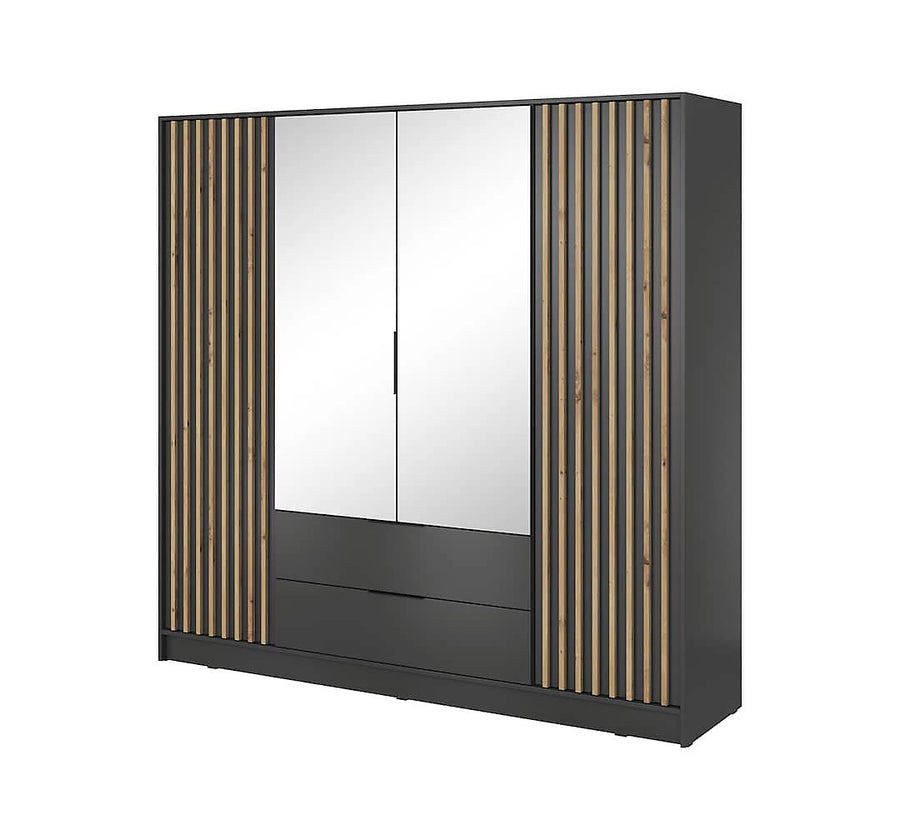 Nelly Contemporary Mirrored Hinged 4 Door Wardrobe Graphite 2 Drawers 8 Shelves 1 Rail Lamela Decor