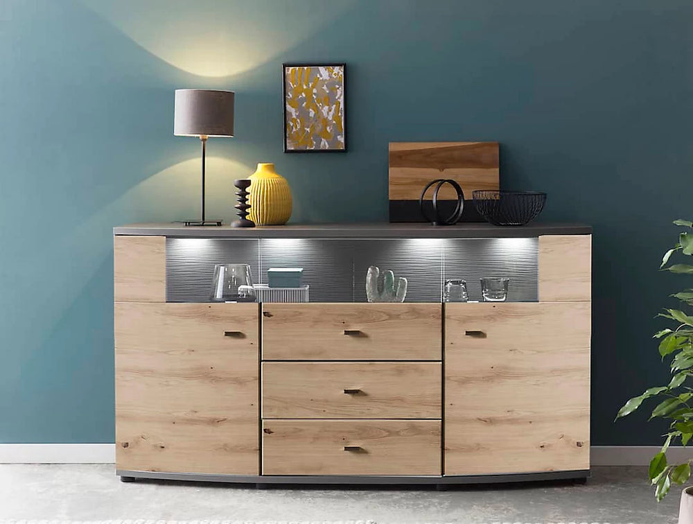 Dera 85 Elegant Display Sideboard Cabinet - Oak Artisan & Graphite Grey with Optional LED Lighting