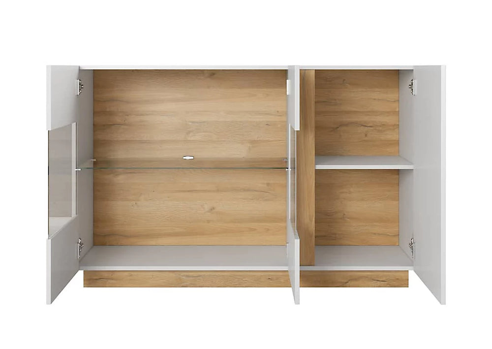 Arco Contemporary Display Sideboard Cabinet 3 Hinged Doors 2 Shelves White Gloss & Oak Grandson Effect