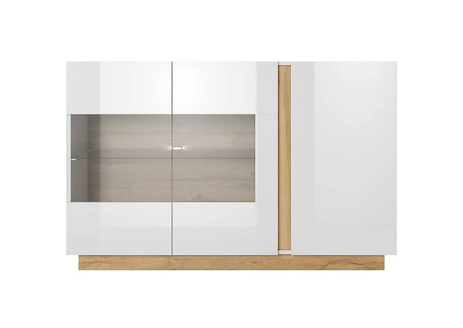 Arco Contemporary Display Sideboard Cabinet 3 Hinged Doors 2 Shelves White Gloss & Oak Grandson Effect