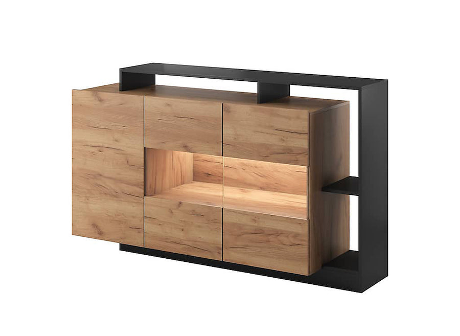 Alva Contemporary Display Sideboard Cabinet 3 Hinged Doors 4 Shelves Gold Craft Oak Effect & Black