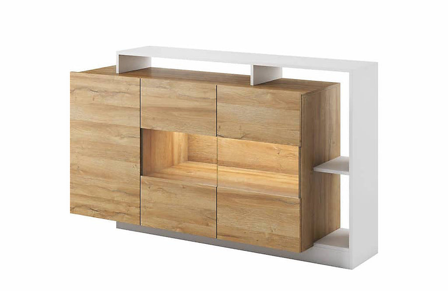 Alva Contemporary Display Sideboard Cabinet 3 Hinged Doors 4 Shelves Oak Grandson Effect & White