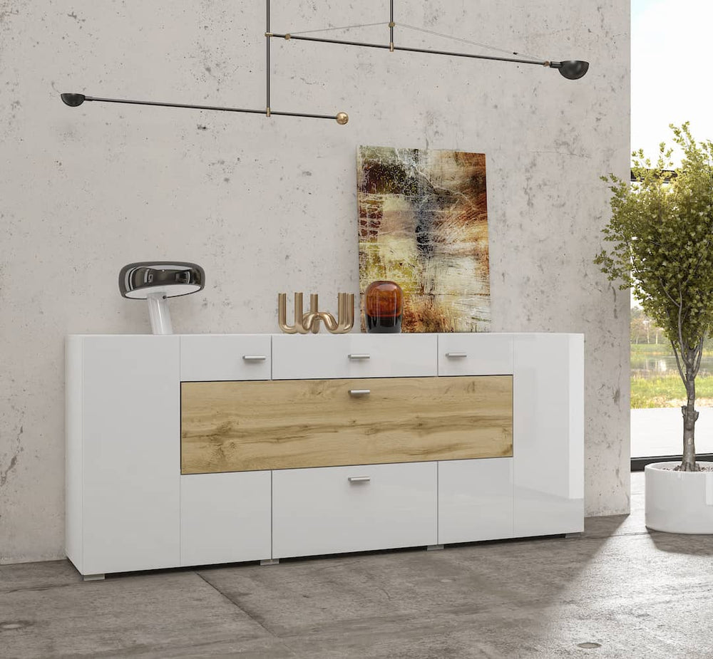 Elegant Coby 26 Sideboard Cabinet 165cm in Oak Wotan & White Gloss - Modern Storage Solution