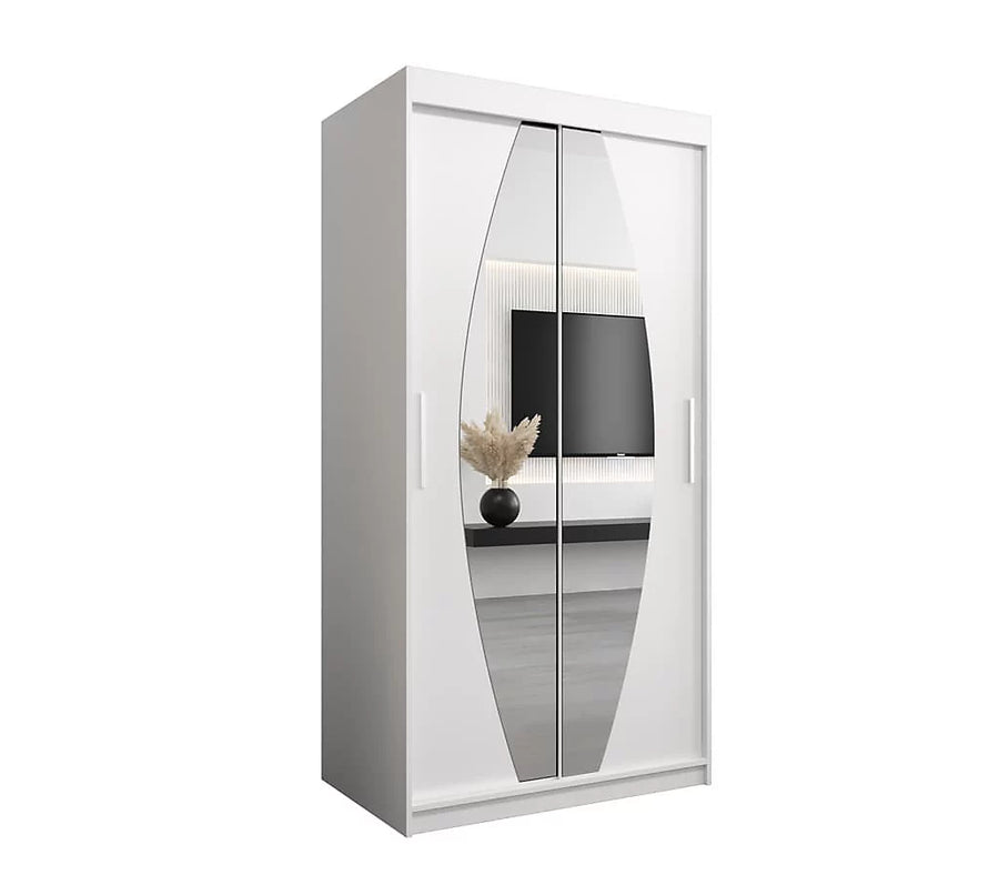 Elypse Contemporary 2 Mirrored Sliding Door Wardrobe 5 Shelves 2 Rails White 100cm