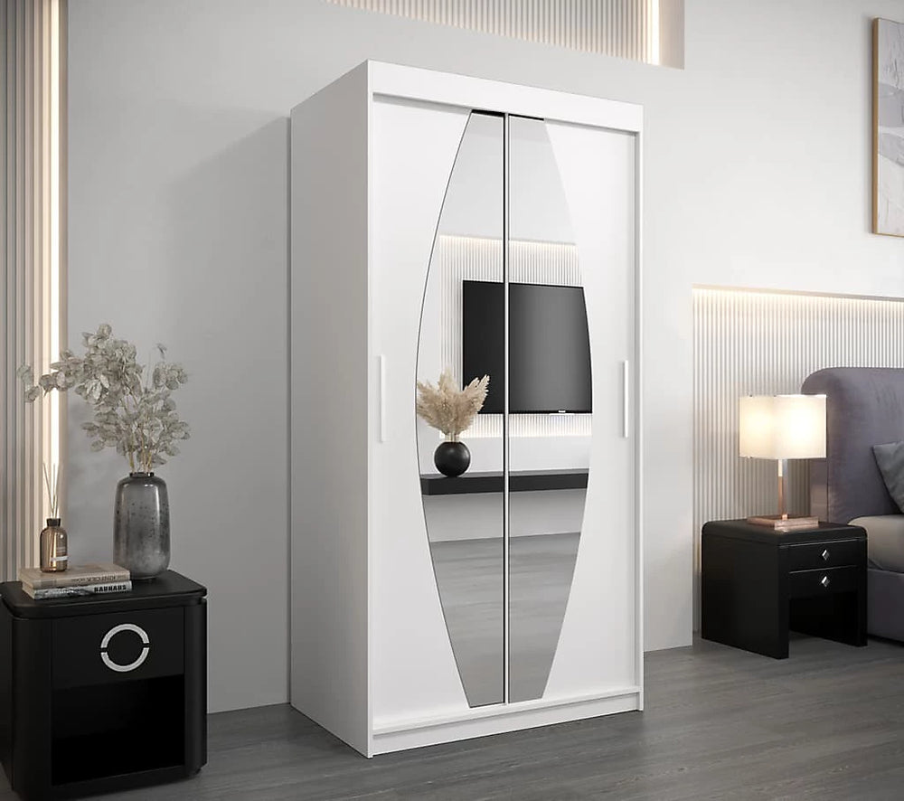 Elypse Contemporary 2 Mirrored Sliding Door Wardrobe 5 Shelves 2 Rails White 100cm