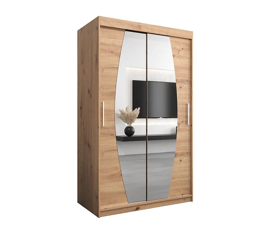 Elypse Contemporary 2 Mirrored Sliding Door Wardrobe 5 Shelves 2 Rails Artisan Oak Effect