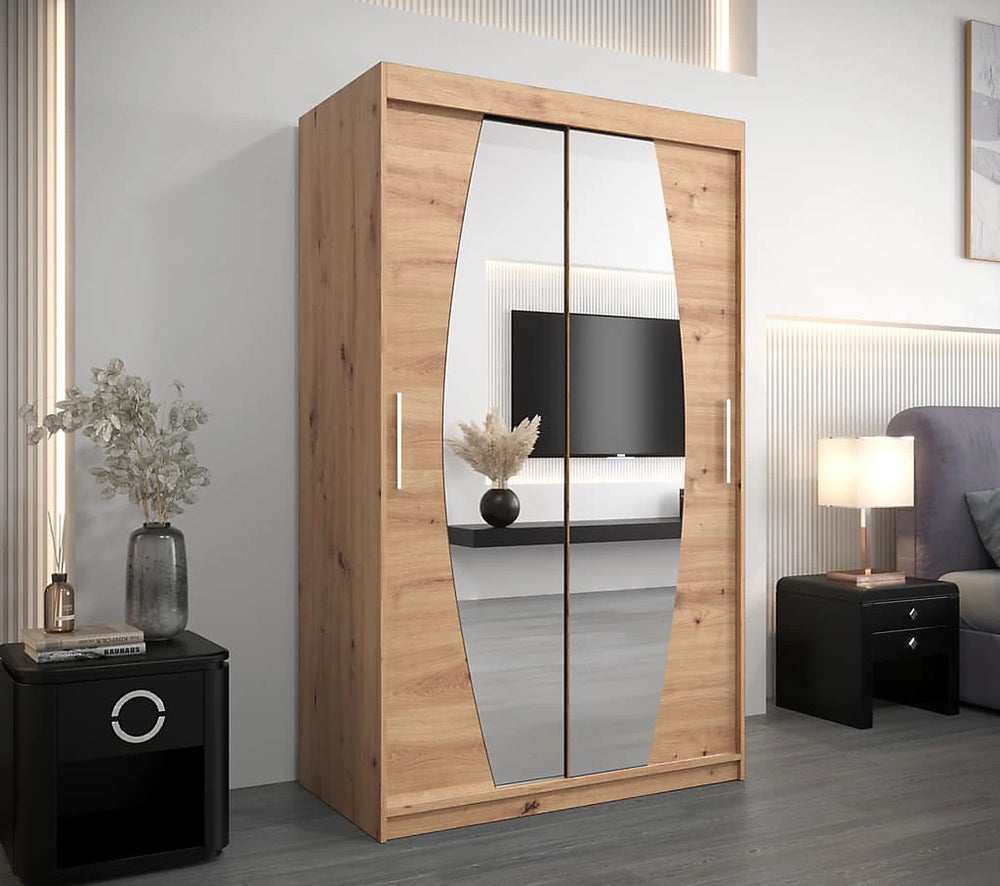 Elypse Contemporary 2 Mirrored Sliding Door Wardrobe 5 Shelves 2 Rails Artisan Oak Effect