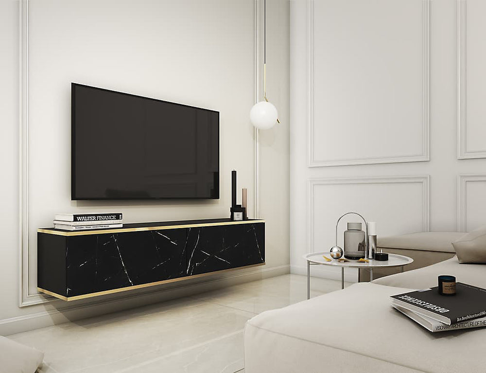 Stylish Oro Floating TV Cabinet in Black Marble - Chic Entertainment Solution