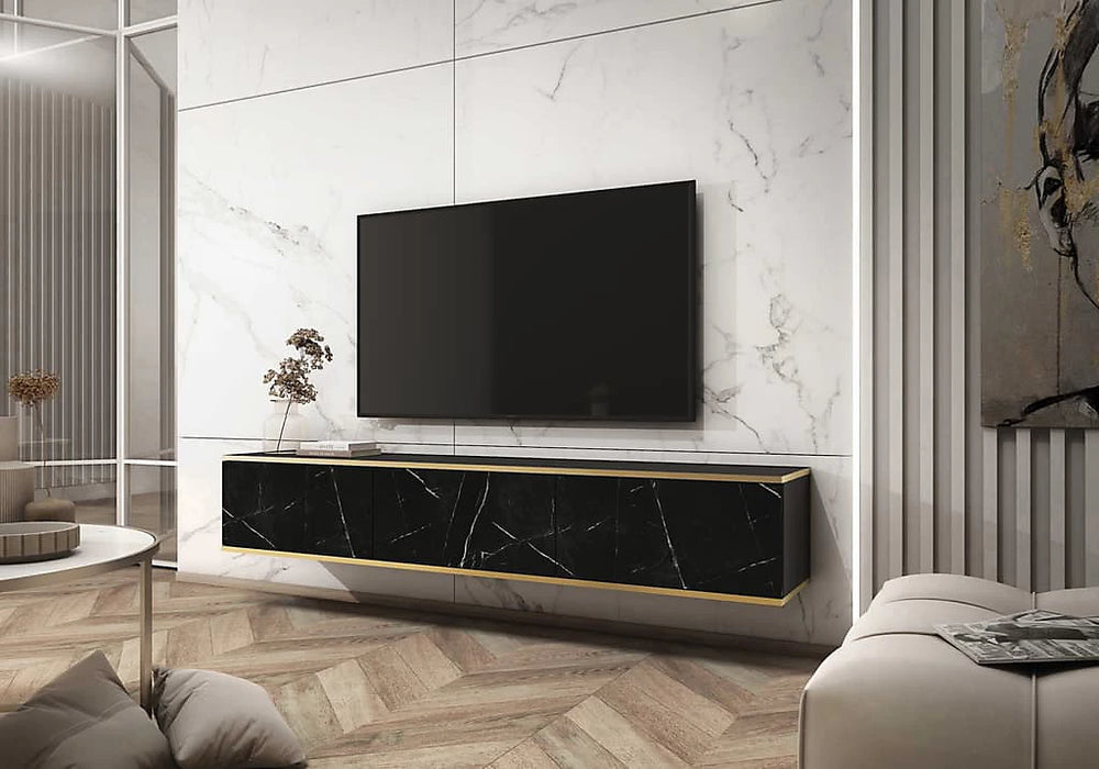 Elegant Oro Floating TV Cabinet in Black Marble - Luxurious Entertainment Centre